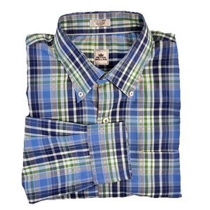 Peter Millar Blue Green White Plaid Cotton Button Down EUC XL